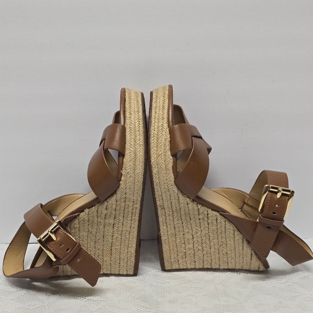 Michael Kors Viola Espadrille Wedge Sandals In Peanut Butter Genuine Leather 7.5 - Picture 7 of 11